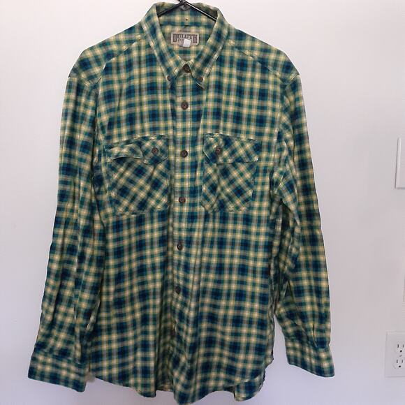 Duluth Trading Co Mens L Blue Yellow Plaid Shirt Long Sleeve Button Down Pockets - Picture 1 of 8